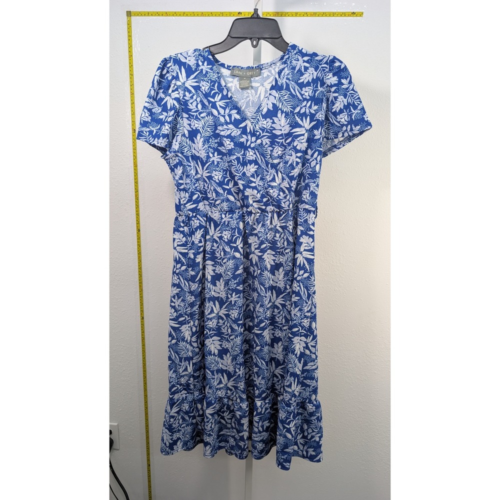 Lark + Grey Blue‎ White Floral Leaf Print Faux Wrap Midi Dress Short Sleeve M